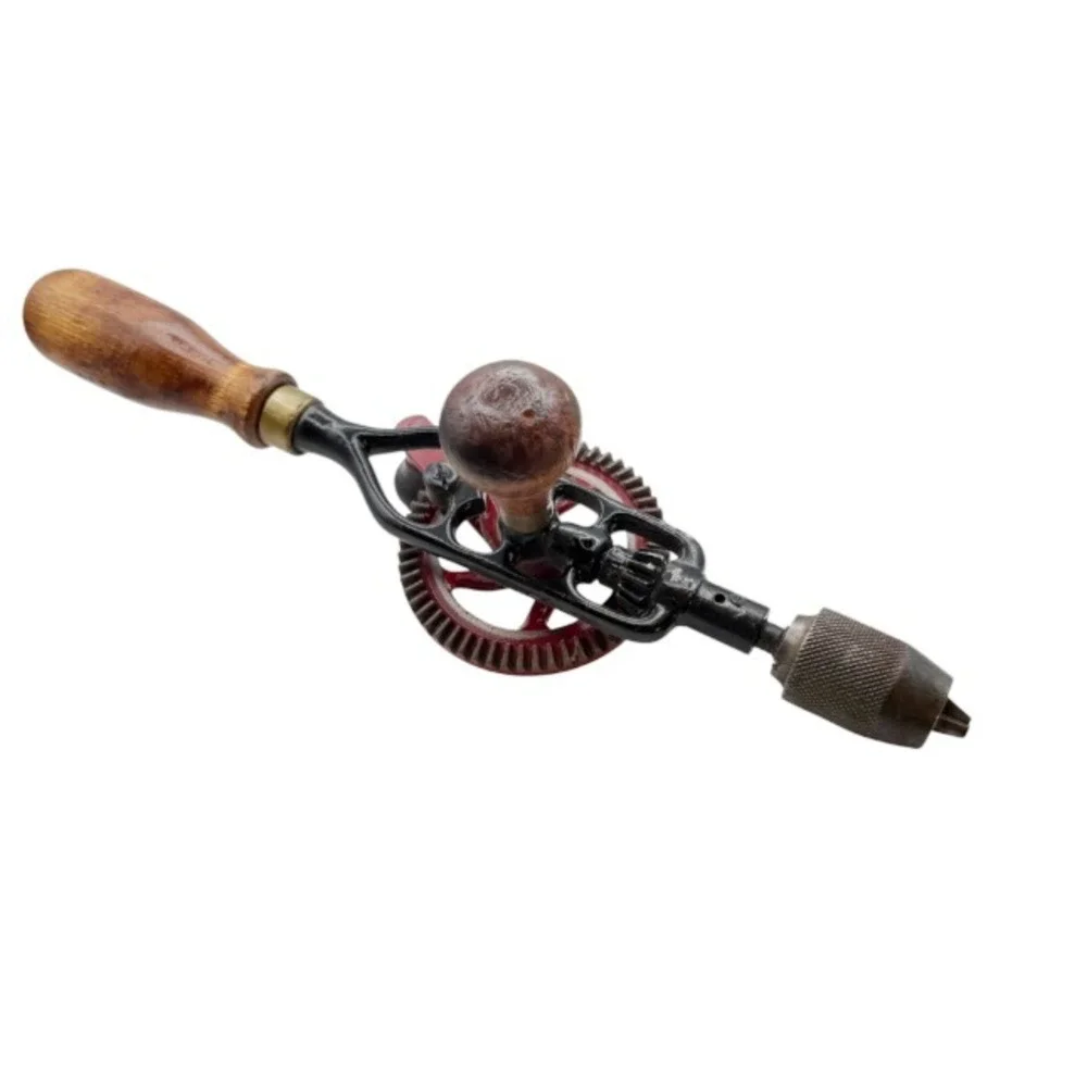 Vintage Hand Crank Eggbeater Drill Red Metal Wood Handle Manual Hand Drill Tool